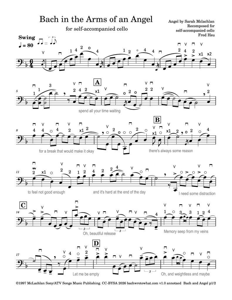 Bach in the Arms of an Angel-Self-accompanied cello-F major-v1.0-Pub-Annotated-1 of 2