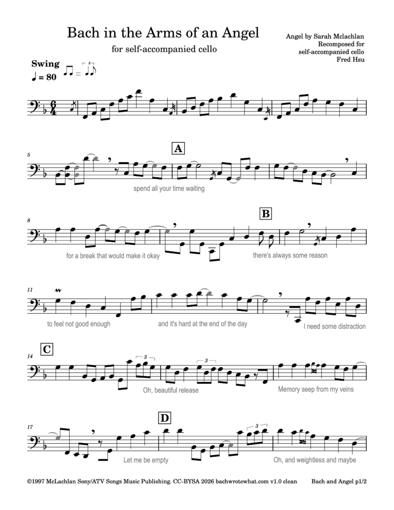 Bach in the Arms of an Angel-Self-accompanied cello-F major-v1.0-Pub-Notes Only-1 of 2